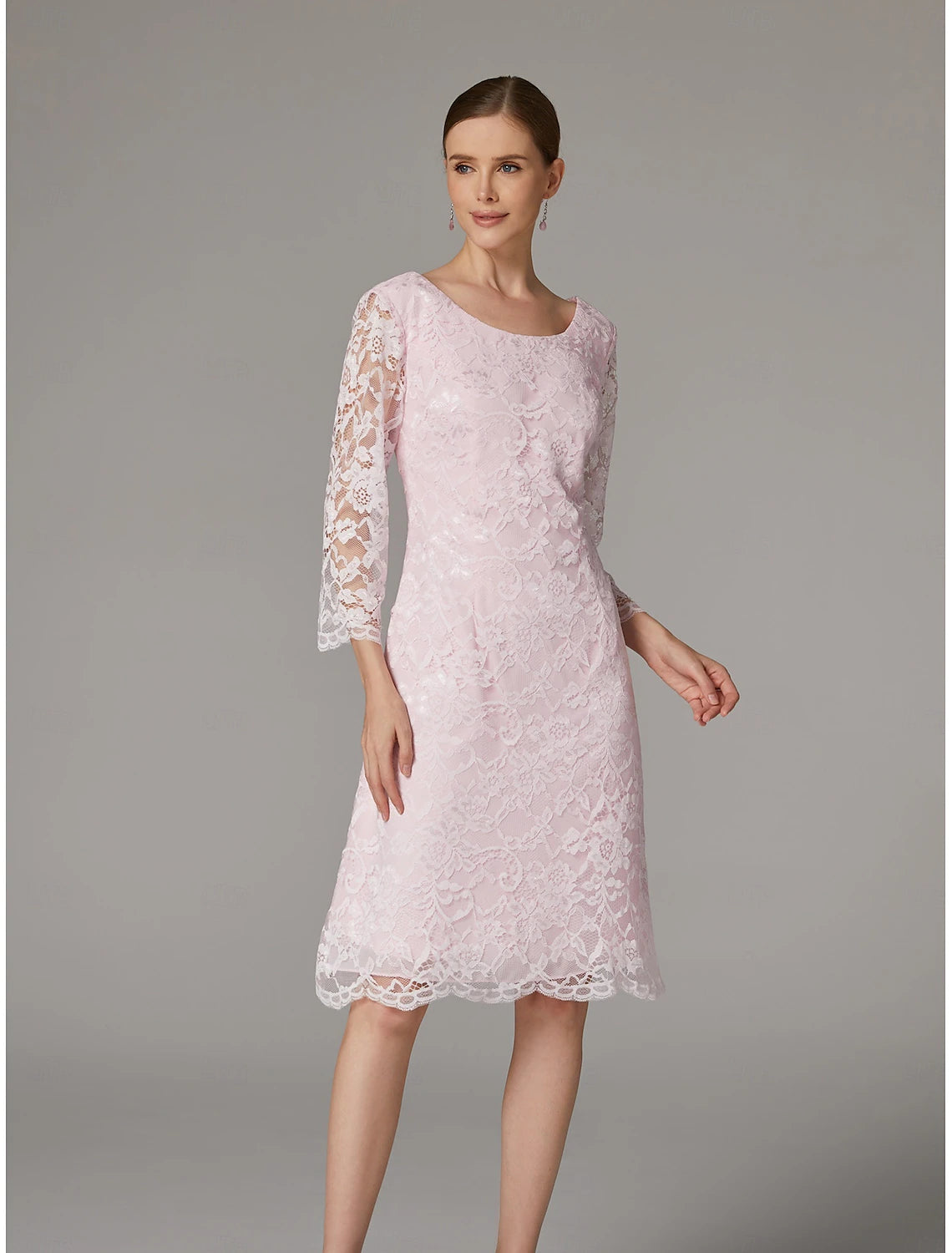 Buyishang Two Piece A-Line Dress Suit Mother of the Bride Dress Elegant Plus Size Jewel Neck Tea Length Chiffon Lace Short Sleeve Jacket Dresses with Solid Color